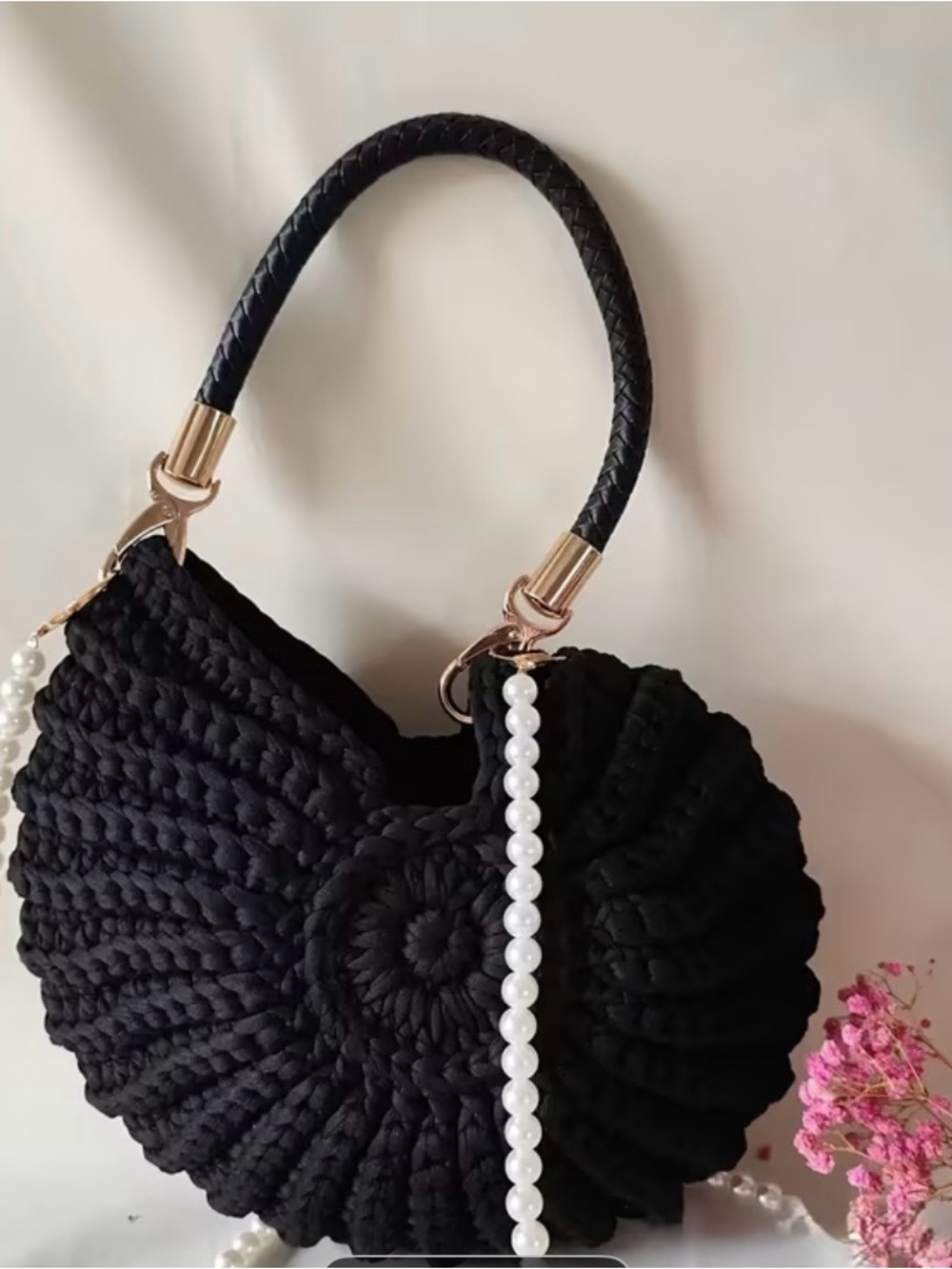 Black Crochet Shell Shoulder Bag with Black Cord and Pearl Strap
